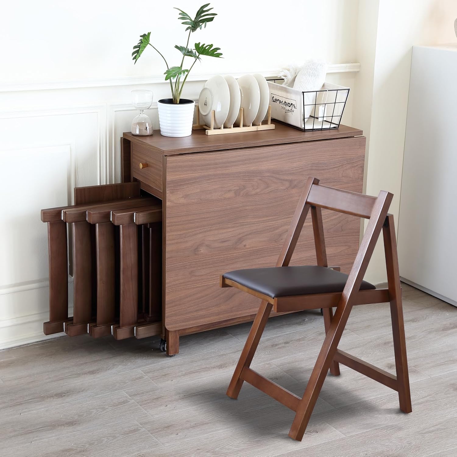 Walnut Foldable Dining Table Set
