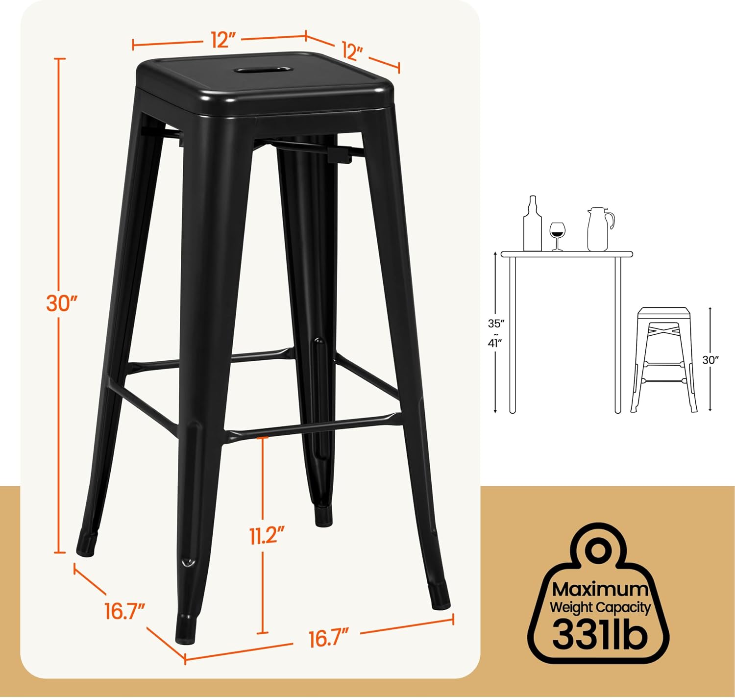 Stackable Black Metal Bar Stools Set