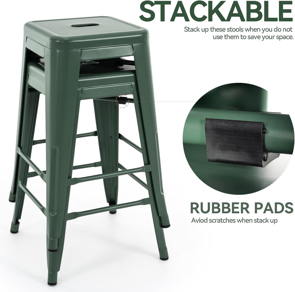 Stackable Green Metal Bar Stools Set