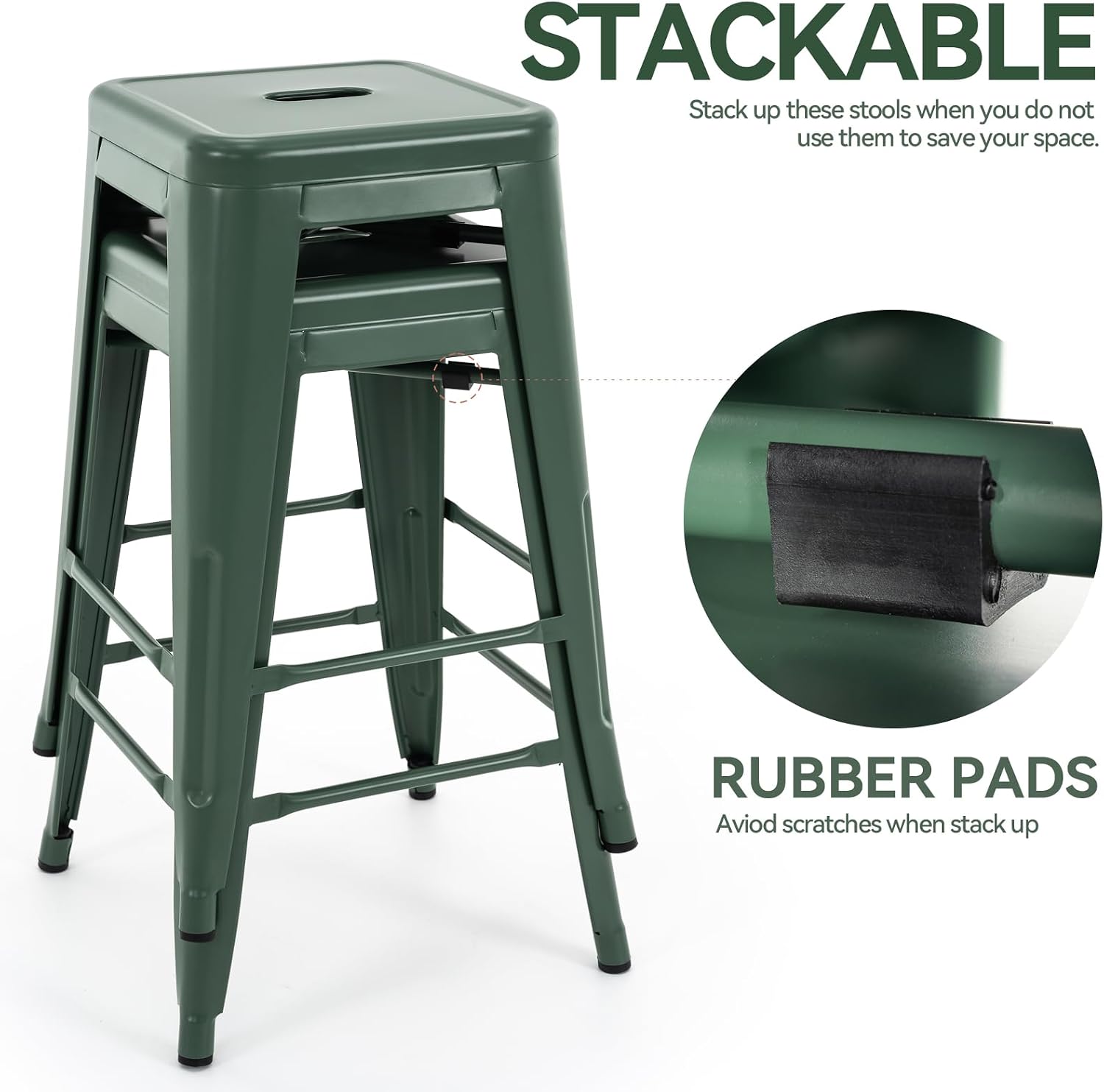 Stackable Green Metal Bar Stools Set