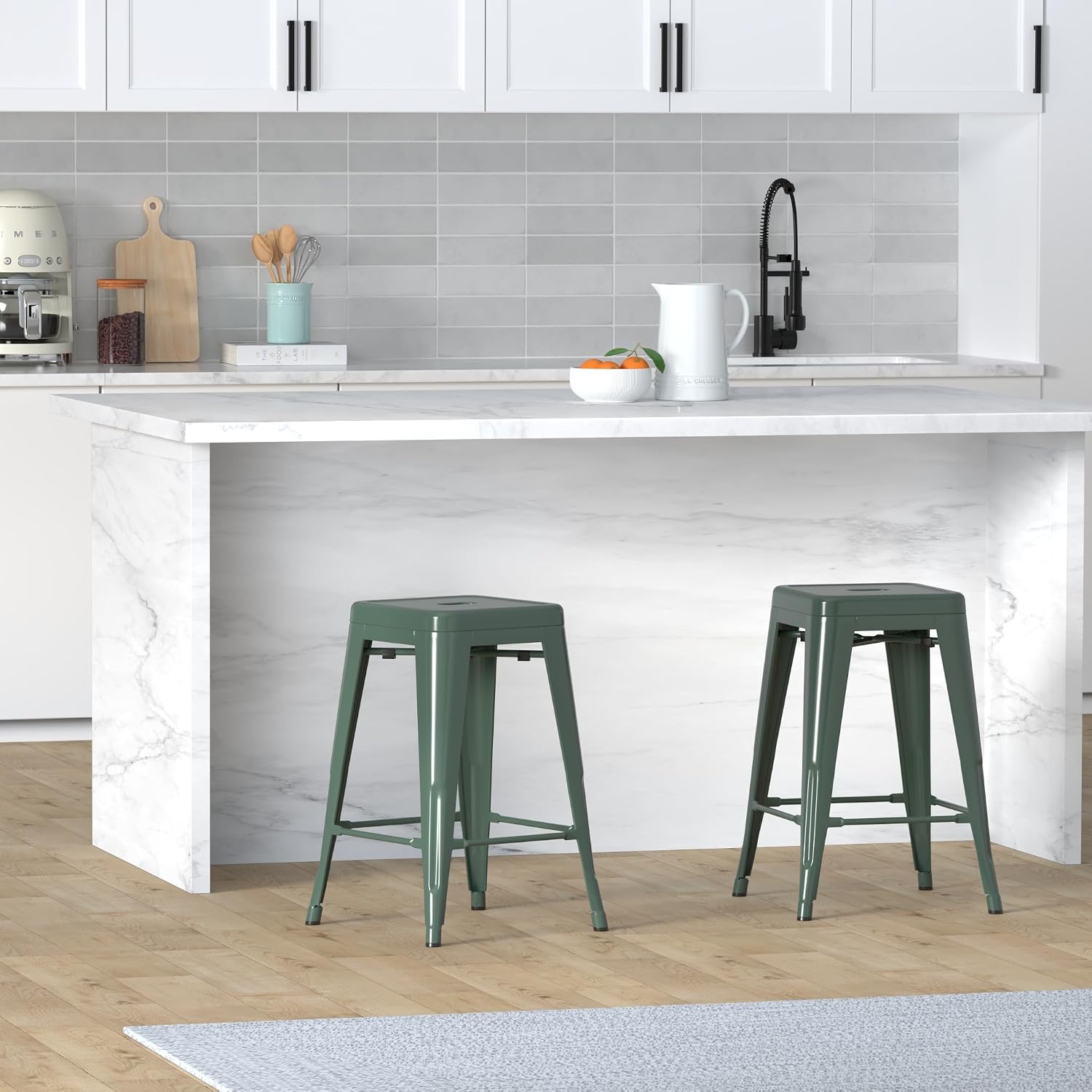 Stackable Green Metal Bar Stools Set