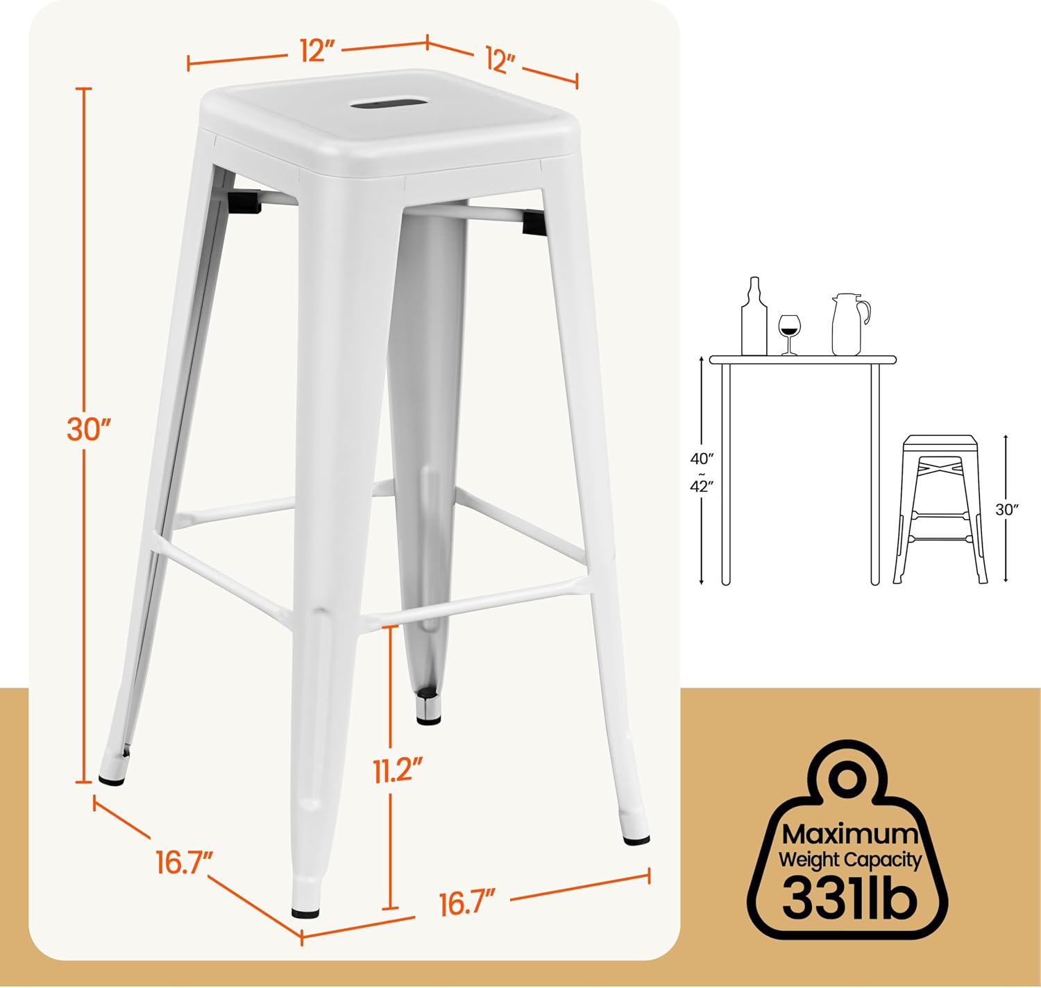 Industrial White Stackable Bar Stools Set