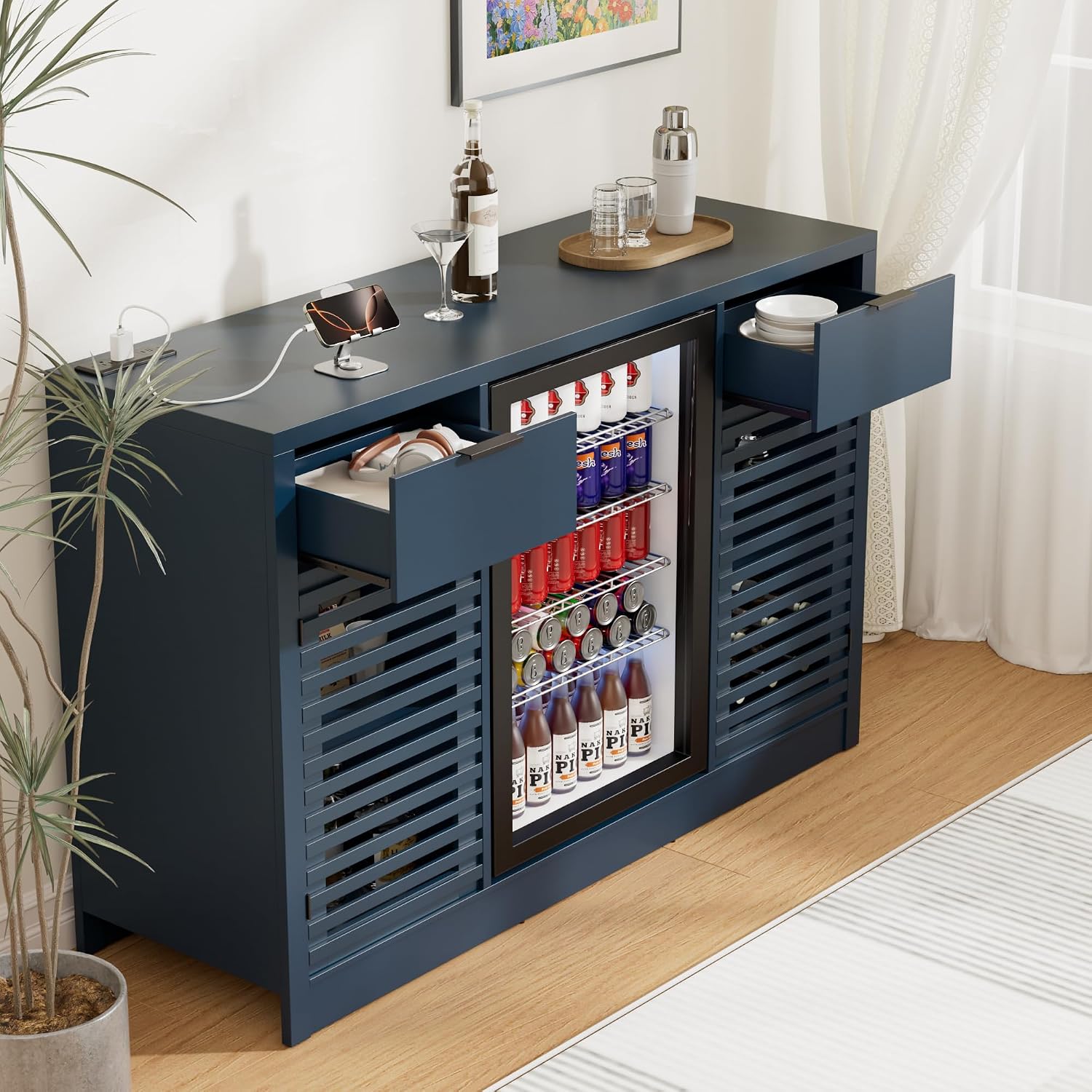 Fluted Wine Bar Cabinet With Charging Station