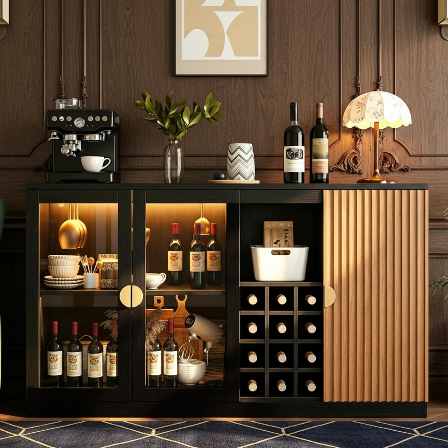 Fluted Wine Bar Cabinet With Glass Doors