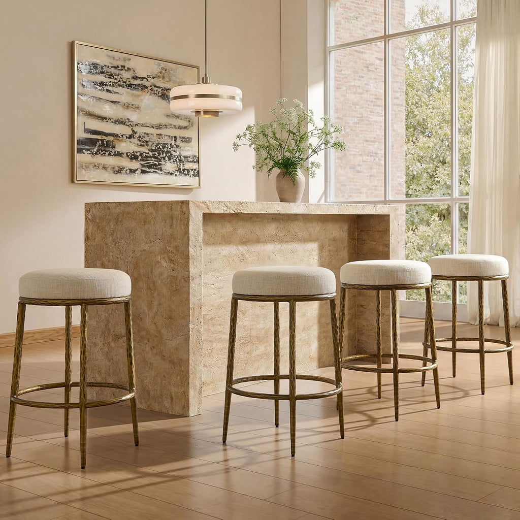Gold Linen Counter Bar Stools Set