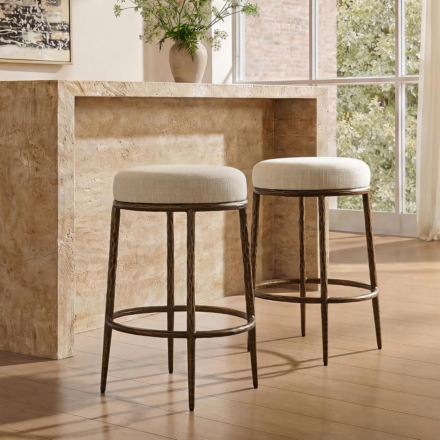 Gold Linen Counter Bar Stools Set