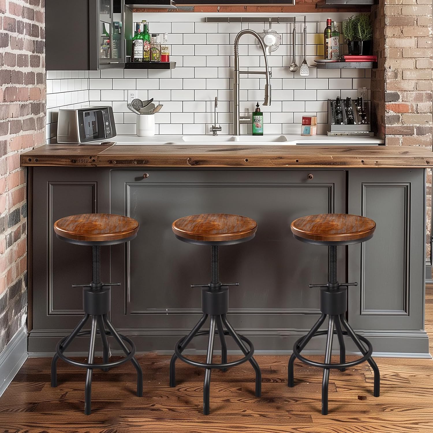 Adjustable Swivel Wood Bar Stools Set
