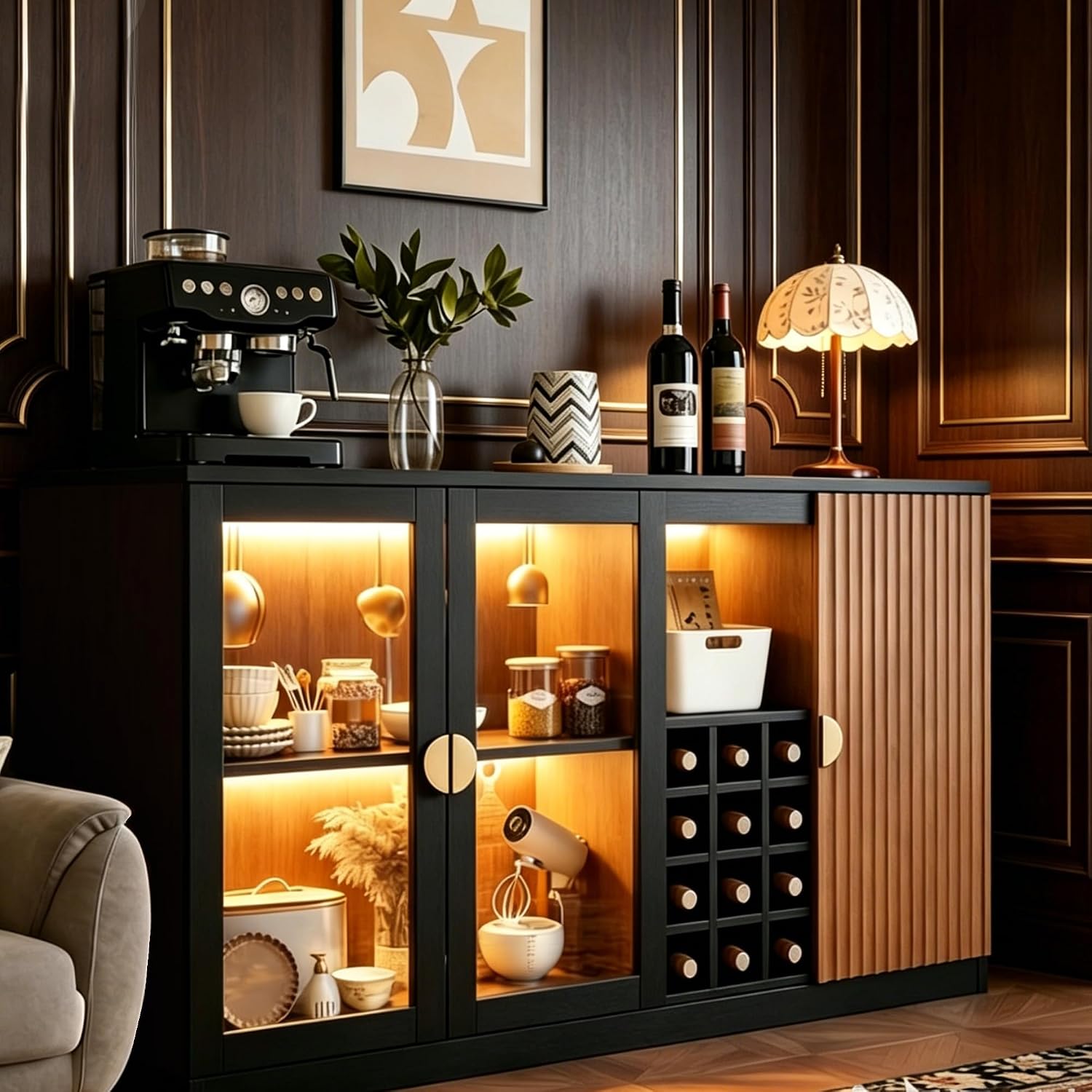 Fluted Wine Bar Cabinet With Glass Doors