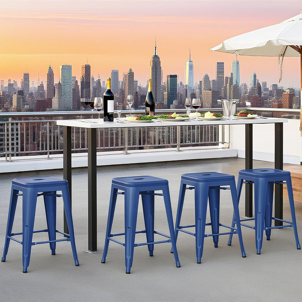Stackable Blue Metal Bar Stools Set
