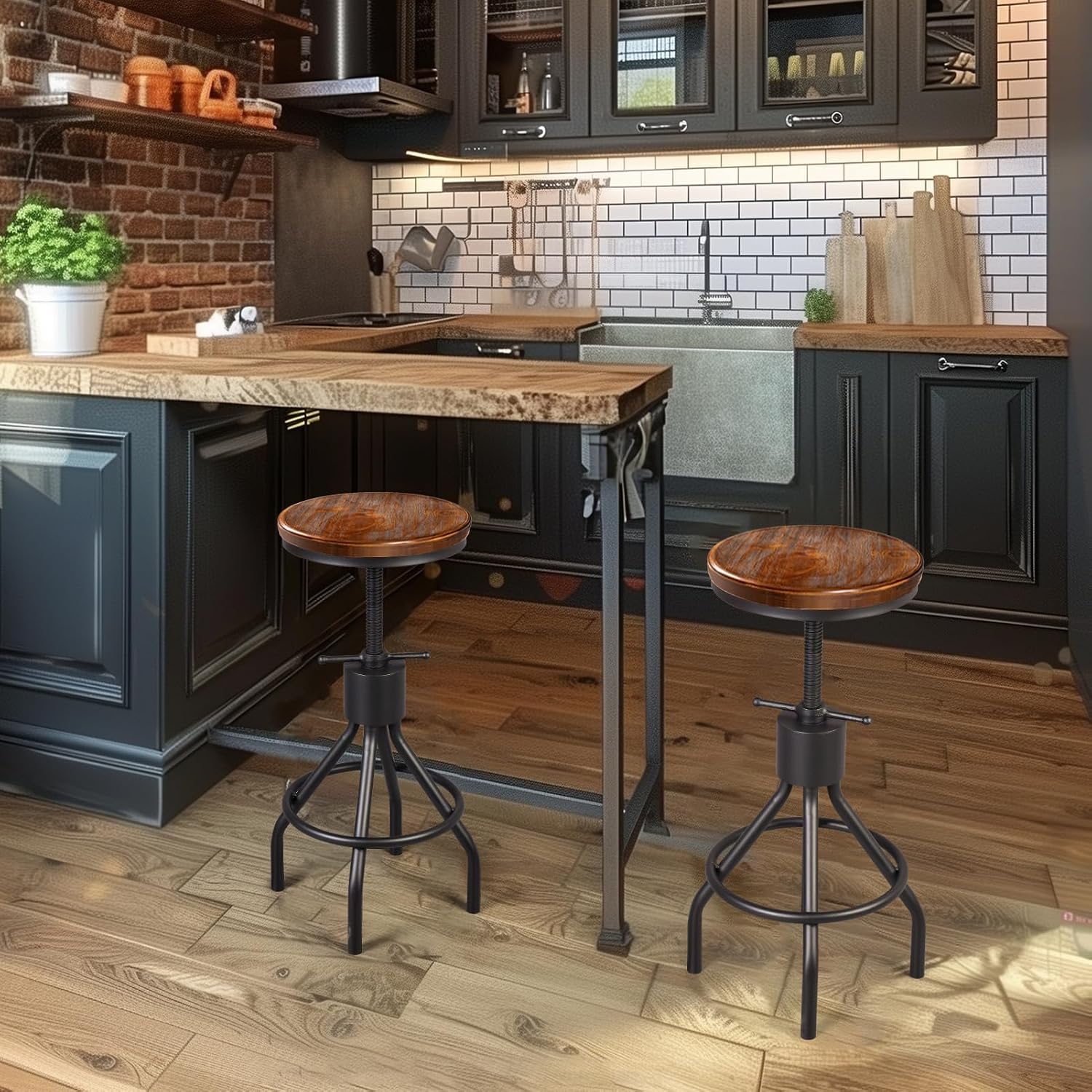 Adjustable Swivel Wood Bar Stools Set