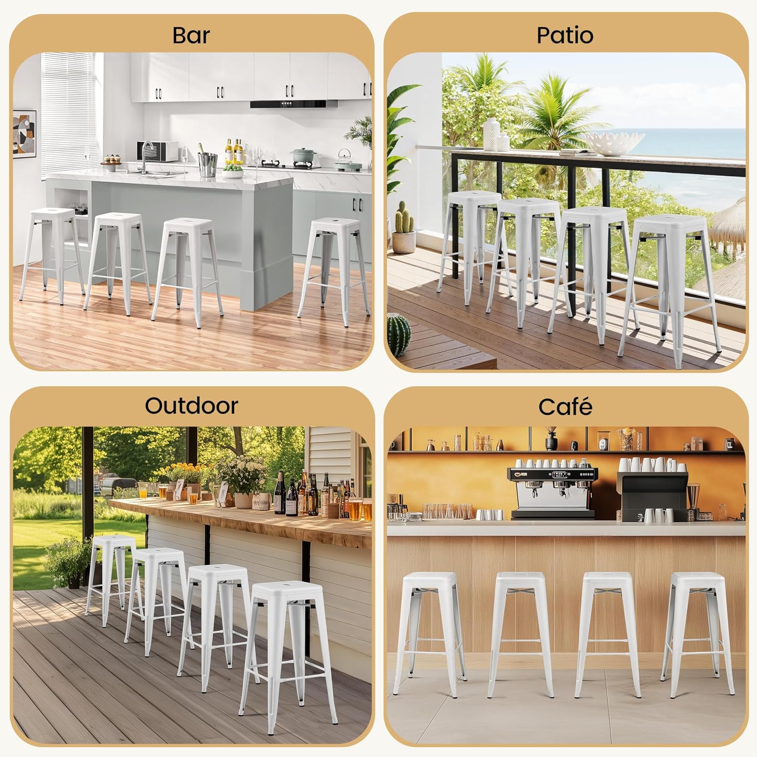 Industrial White Stackable Bar Stools Set